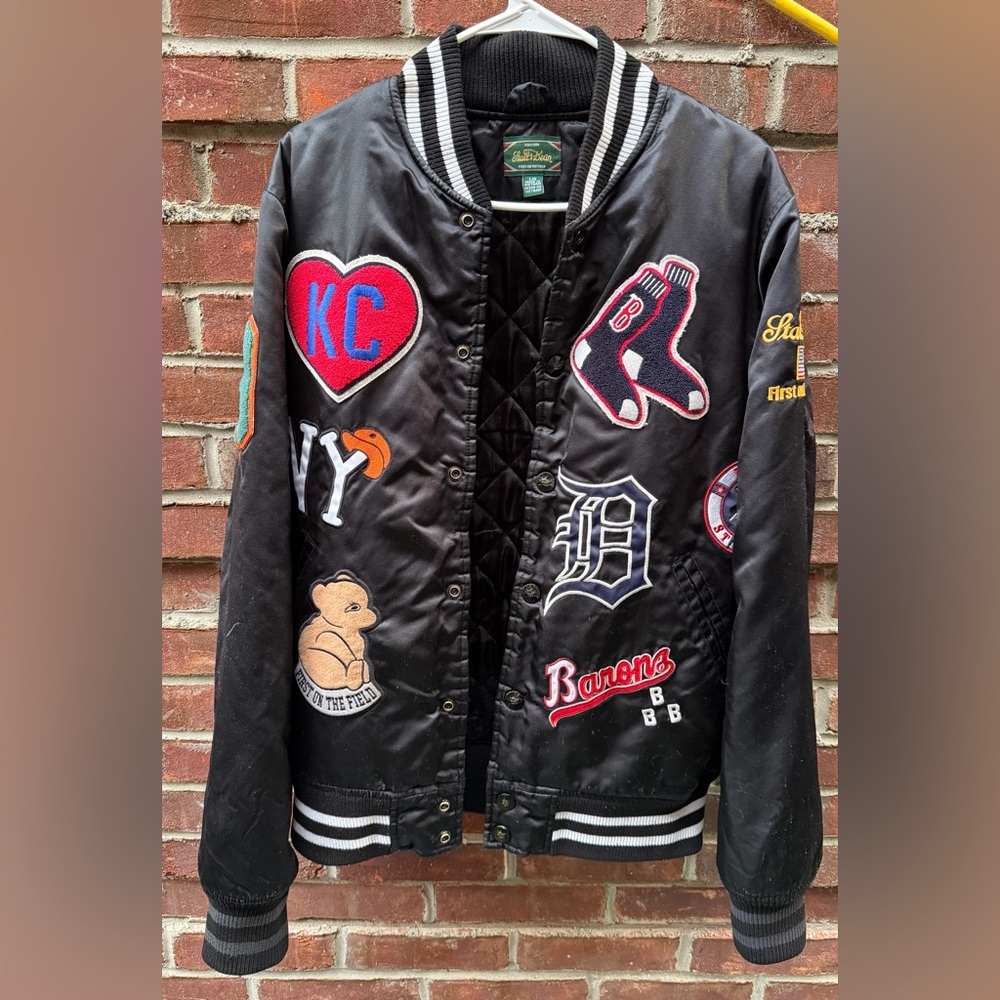 ✅WOW🔥Stall & Dean Size Large “First on the Field” Black Jacket With Patches 🗽